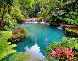Turquoise waterfall cascading into tranquil jungle pool
