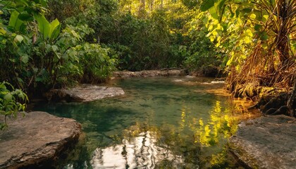 Emerald natural pool reflecting lush tropical vegetation in the jungle