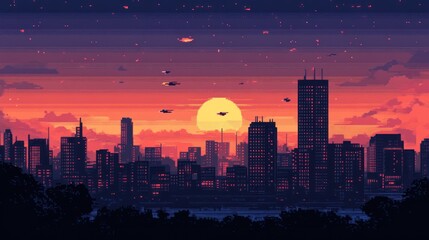Naklejka premium Pixelated Cityscape Sunset Featuring Flying Vehicles