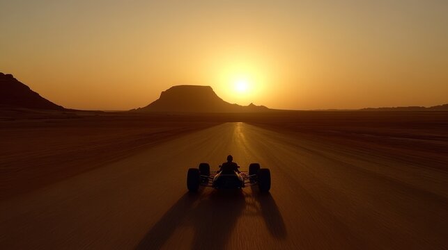 Lone driver in a dune buggy speeds across a desert highway at sunset.