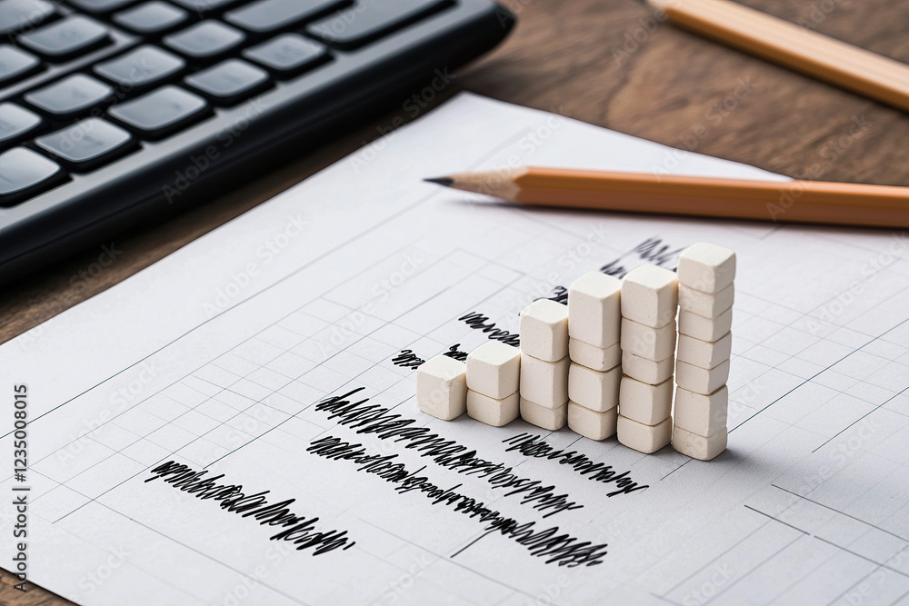 Poster miniature bar graph made of white blocks sits on paper with handwritten notes, next to pencil and ke
