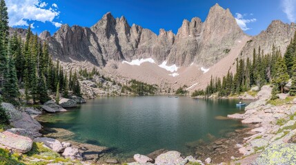 Obraz premium Serene alpine lake nestled amidst majestic, snow-capped peaks under a vibrant blue sky.