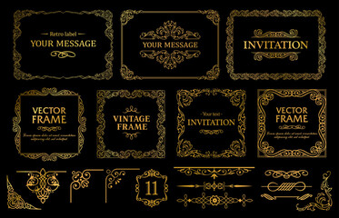 Design gold elements set, decorative flourish border corner and frame collection for invitation, menu and page decoration