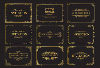 Design gold elements set, decorative flourish border corner and frame collection for invitation, menu and page decoration