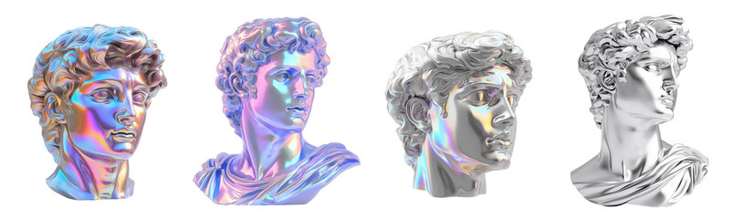 set of David sculpture bust. Head of statue Holographic colors, 3d.  Silver Chrome colors on a transparent  isolated  background, png 