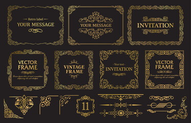 Design gold elements set, decorative flourish border corner and frame collection for invitation, menu and page decoration