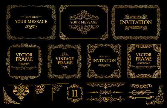 Design gold elements set, decorative flourish border corner and frame collection for invitation, menu and page decoration