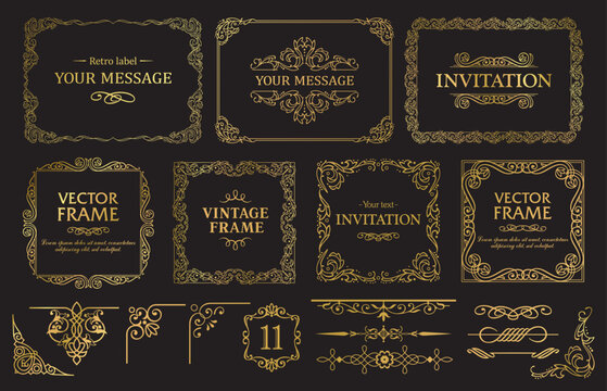 Design gold elements set, decorative flourish border corner and frame collection for invitation, menu and page decoration
