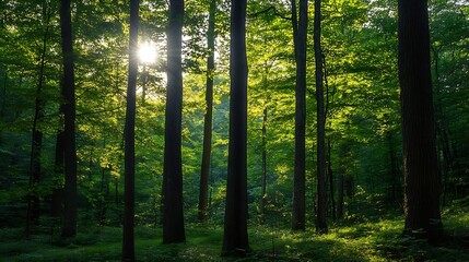 Lush Green Forest Bathed in Sunlight Perfect for Nature Exploration and Tranquility Seekers : Generative AI