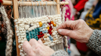 Artisan weaving colorful tapestry with wool on small loom at craft fair