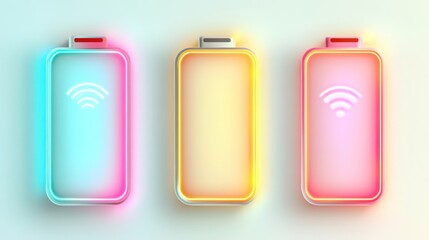 Three neon phone battery icons, one full, two charging wirelessly.