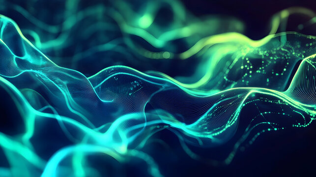 A glowing network of abstract neon blue and green lines forming a dynamic data technology background