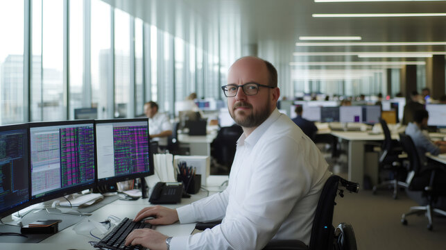 Businessman in wheelchair working with computer in modern office