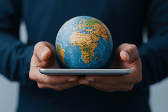person holding small globe on tablet, symbolizing global connectivity and technology. image highlights concept of worldwide communication and digital interaction