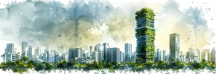 Fototapeta premium Creative urban landscape featuring green skyscrapers and city skyline with nature.