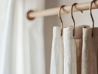 Stylish close-up of minimalist curtain rail with neatly hung curtains in modern home decor