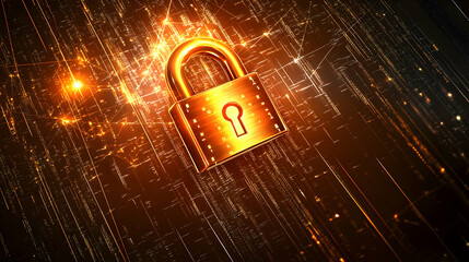 A glowing padlock embedded in a metallic network design with sharp light effects and encrypted binary code