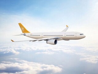 Fototapeta premium A passenger airplane soars gracefully through a clear blue sky, flying above a layer of soft, fluffy clouds. The serene scene captures a sense of freedom and adventure.