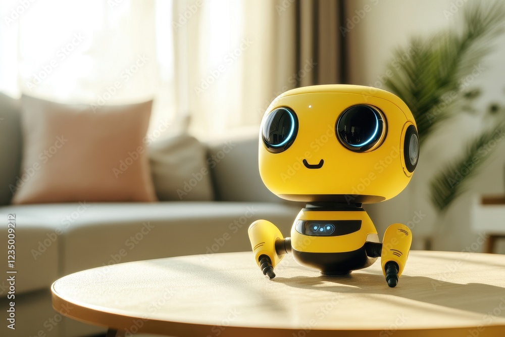 Poster yellow ai toy robot on table in living room at home . an informative image illustrating the process 