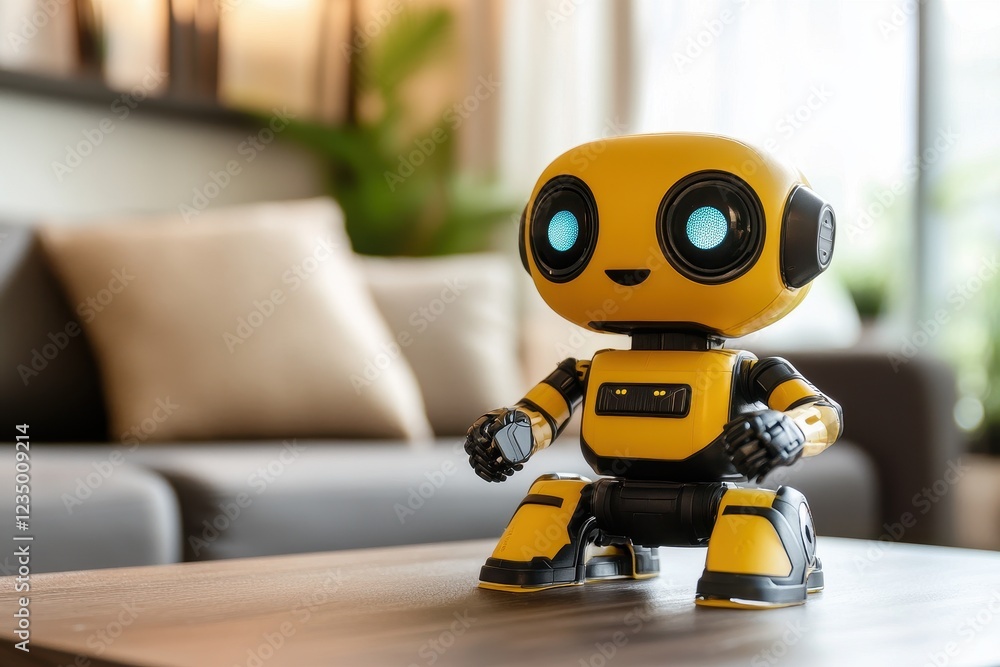 Poster yellow ai toy robot on table in living room at home . an informative image illustrating the process 