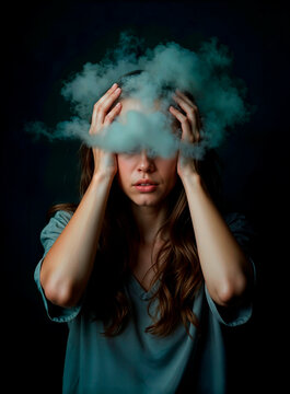 Mujer con nube en la cabeza simbolizando confusi&oacute;n