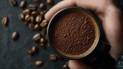 Close Up of Freshly Made Cappuccino in a Black Cup with Rich Coffee Beans : Generative AI