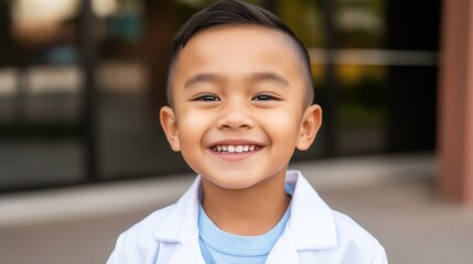 Naklejka premium A happy East Asian boy in a medical coat smiles outside a healthcare facility on Doctors Day