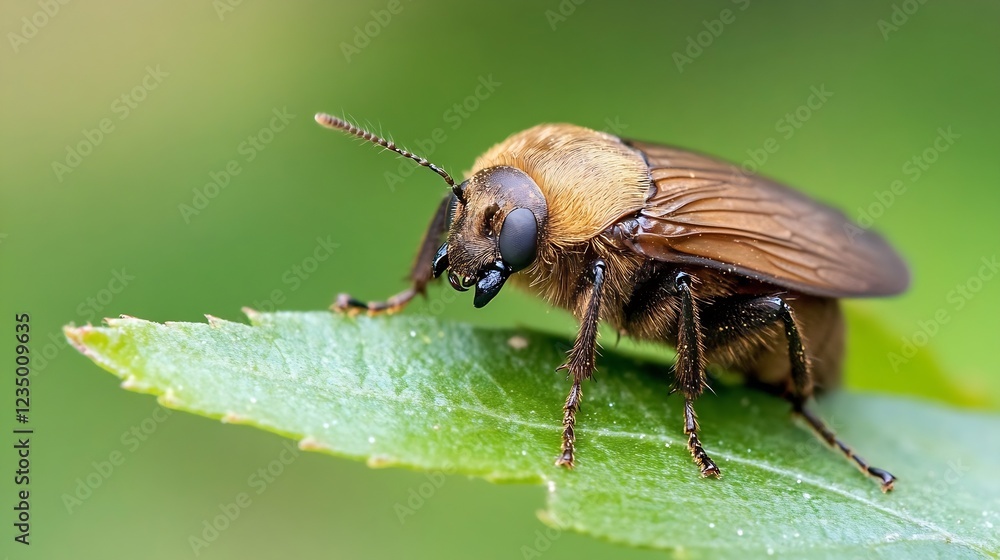 Poster macro photography of brown beetle on green leaf in natural environment : generative ai