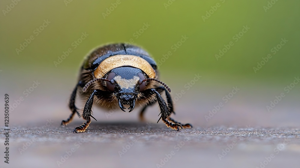 Poster closeup of black and gold beetle on surface showcasing intricate details : generative ai
