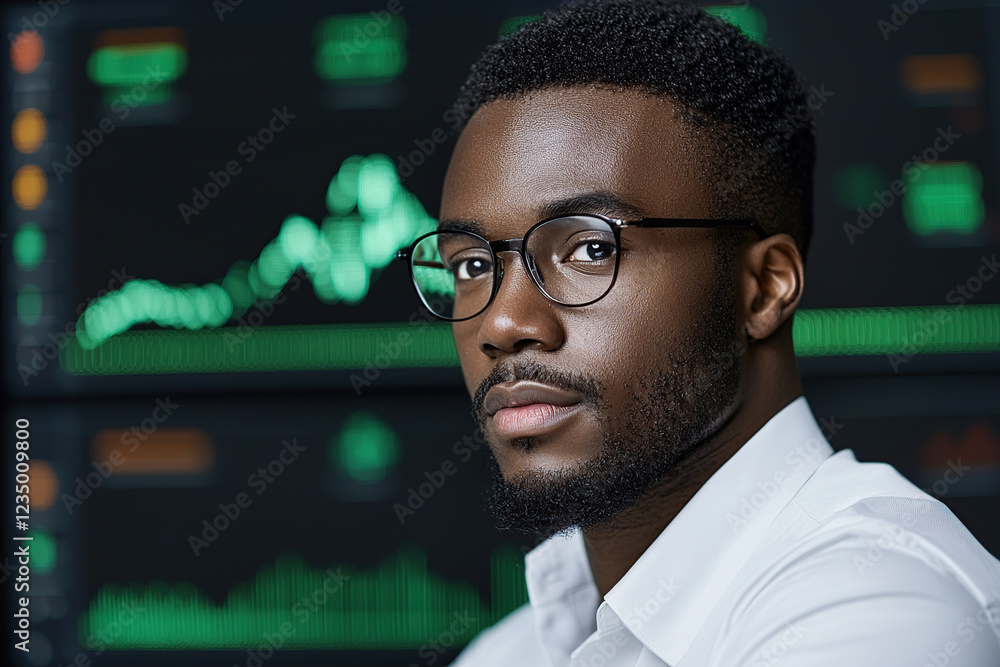 Poster focused strategist analyzing real time data on digital screens, enhancing interactive decision makin