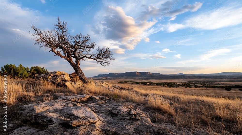 Aufkleber serene desert landscape with lone tree and expansive sky at sunset : generative ai