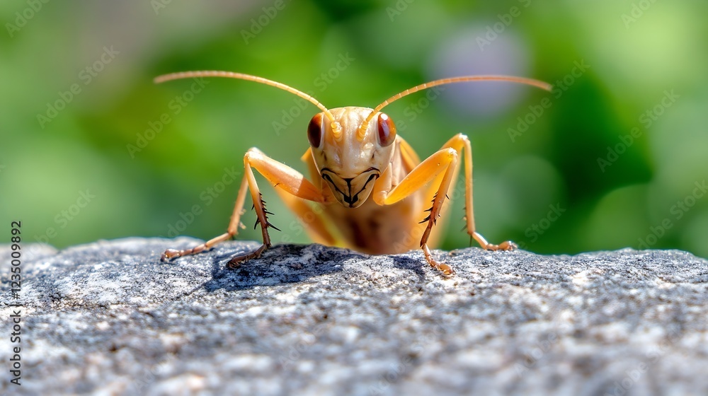 Poster goldenhued cricket on stone surface with focused macro details : generative ai