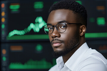 focused strategist analyzing real time data on digital screens, enhancing interactive decision making. background displays fluctuating graphs and charts, indicating financial analysis