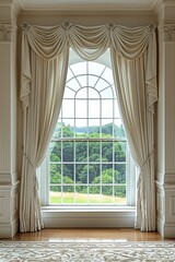 Elegant window with draped curtains overlooking a serene landscape.