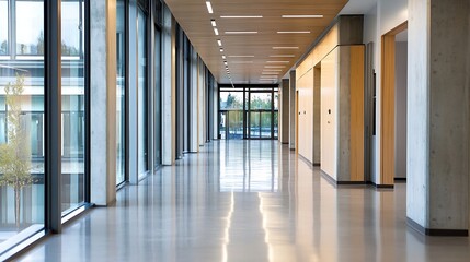Modern office corridor with large glass windows and wooden ceiling design : Generative AI