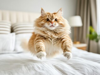 A fluffy orange cat with a funny expression is captured mid-jump on a bed in a cozy room.