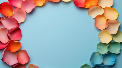 Fototapeta premium Colorful flower petals arranged in a circular frame on a blue background.