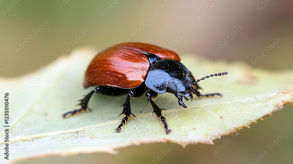 Poster Macro Detail of a ReddishBrown Beetle Resting on Pale Leaf in Natural Setting : Generative AI