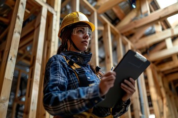 Obraz premium Female construction worker reviewing plans in a building framework.
