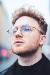 Young caucasian male with glasses outdoors in urban setting
