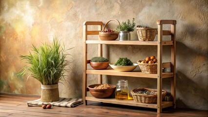 Rustic wooden shelves filled with natural elements, including woven baskets, herbs, and fruit, against a textured backdrop