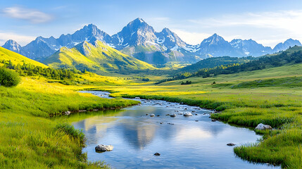 Fototapeta premium Winding river flows through a lush green alpine valley with majestic snow-capped mountains under a blue sky.
