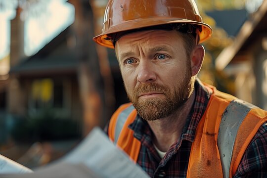 Focused construction worker studying project plans at a job site.
