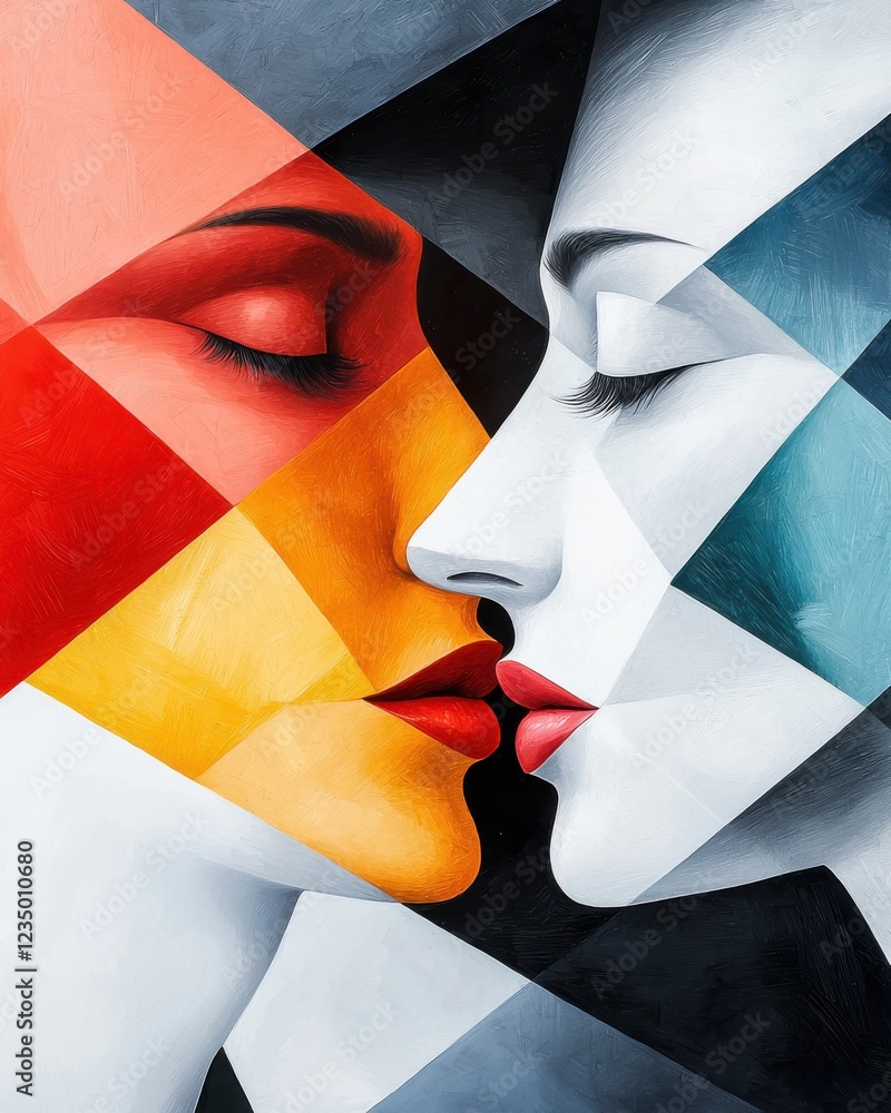 Poster cubist interpretation of gemini with fragmented twin figures abstract art modern gallery artistic en