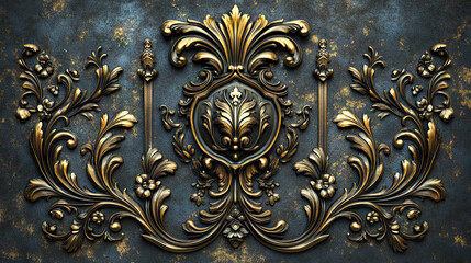 Luxurious baroque-style gold floral background  with intricate scrollwork on a textured, aged surface