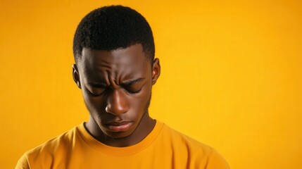 Obraz premium Young Man Wearing Yellow Shirt Shows Sadness