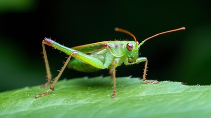 Fototapeta premium Profile View of Green Grasshopper Perched on Leaf in Natural Habitat : Generative AI