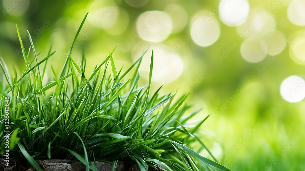 Aufkleber lush green grass in sunlit spring meadow with bokeh background : generative ai