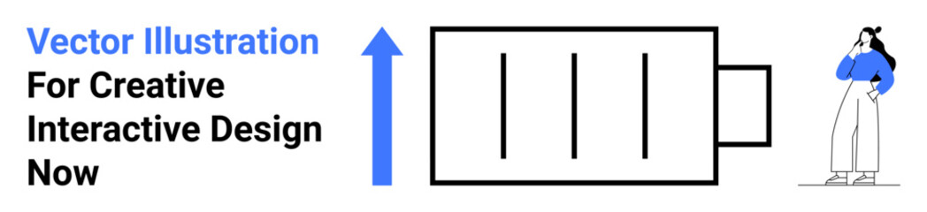 Woman pondering near large battery icon with upward arrow emphasizing power, energy, progress, and growth. Ideal for innovation, productivity, motivation, technology, energy sustainability flat