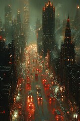 Fototapeta premium Rainy Night Cityscape Traffic Lights Gleam